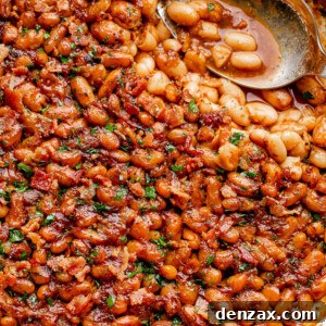 Pot of homemade maple bacon baked beans.