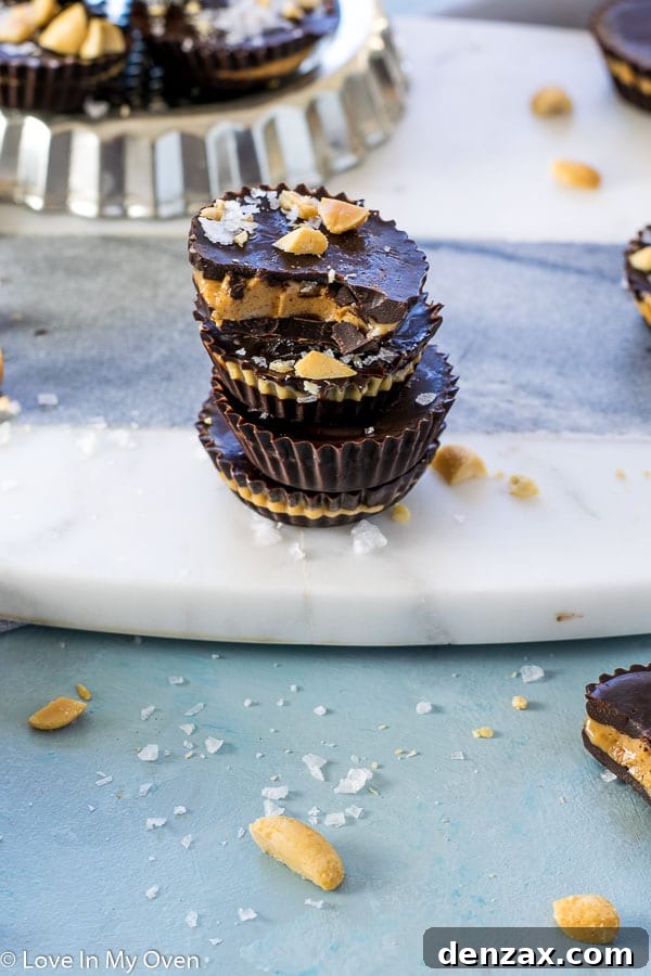 Close-up of a delicious dark chocolate peanut butter cup, showcasing its rich texture