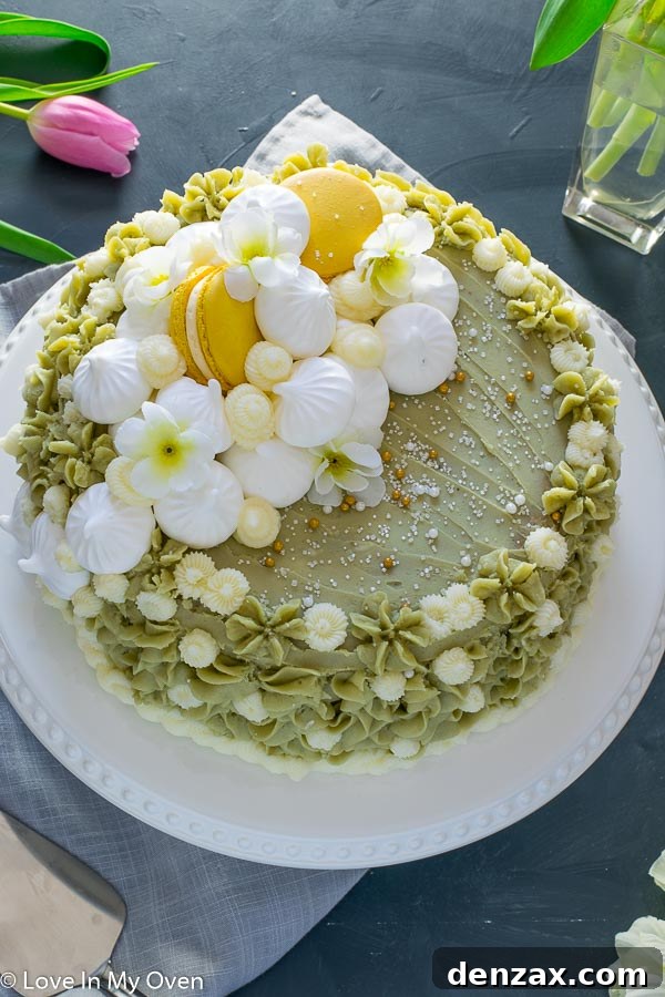 Matcha Vanilla Cake slice revealing fluffy green layers and creamy white frosting.