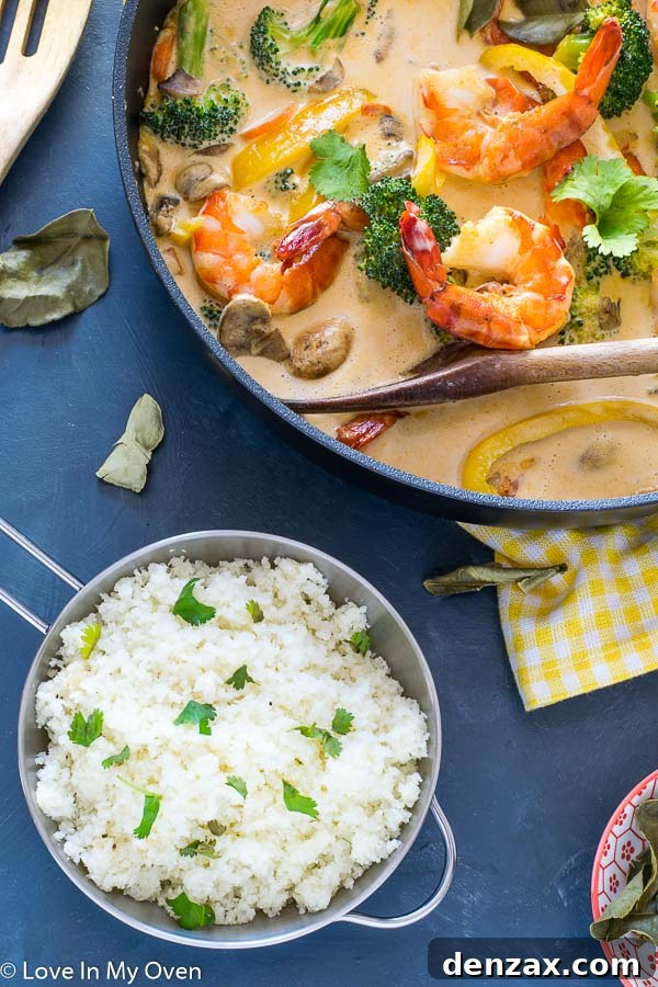 Red Thai Prawn Curry garnished with cilantro