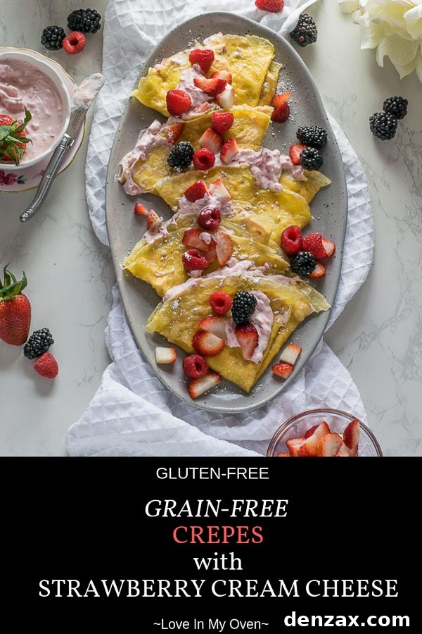 Final plated Grain-Free Crepes with Strawberry Cream Cheese Filling
