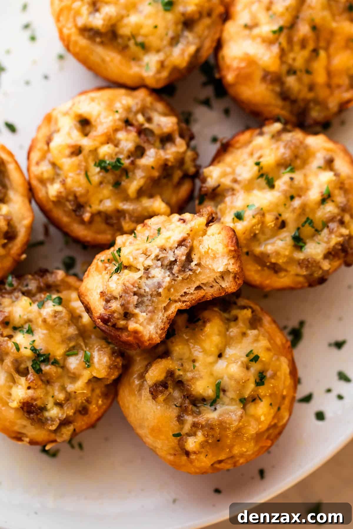 Overhead shot of freshly baked sausage breakfast cups arranged on a light plate, garnished with chopped fresh parsley.