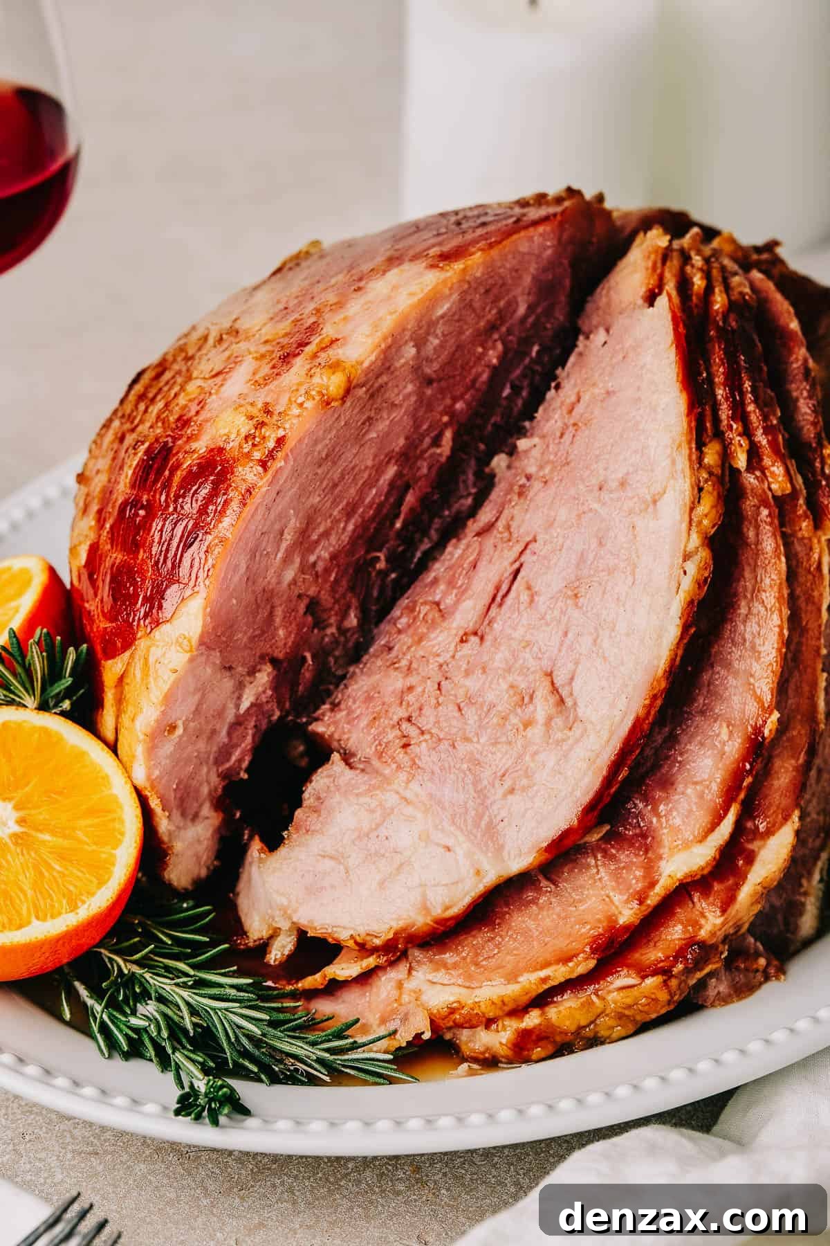 Sliced ham on a serving platter. A candle and a glass of wine are in the background of the shot, while a cup of glaze and several forks are in the foreground.