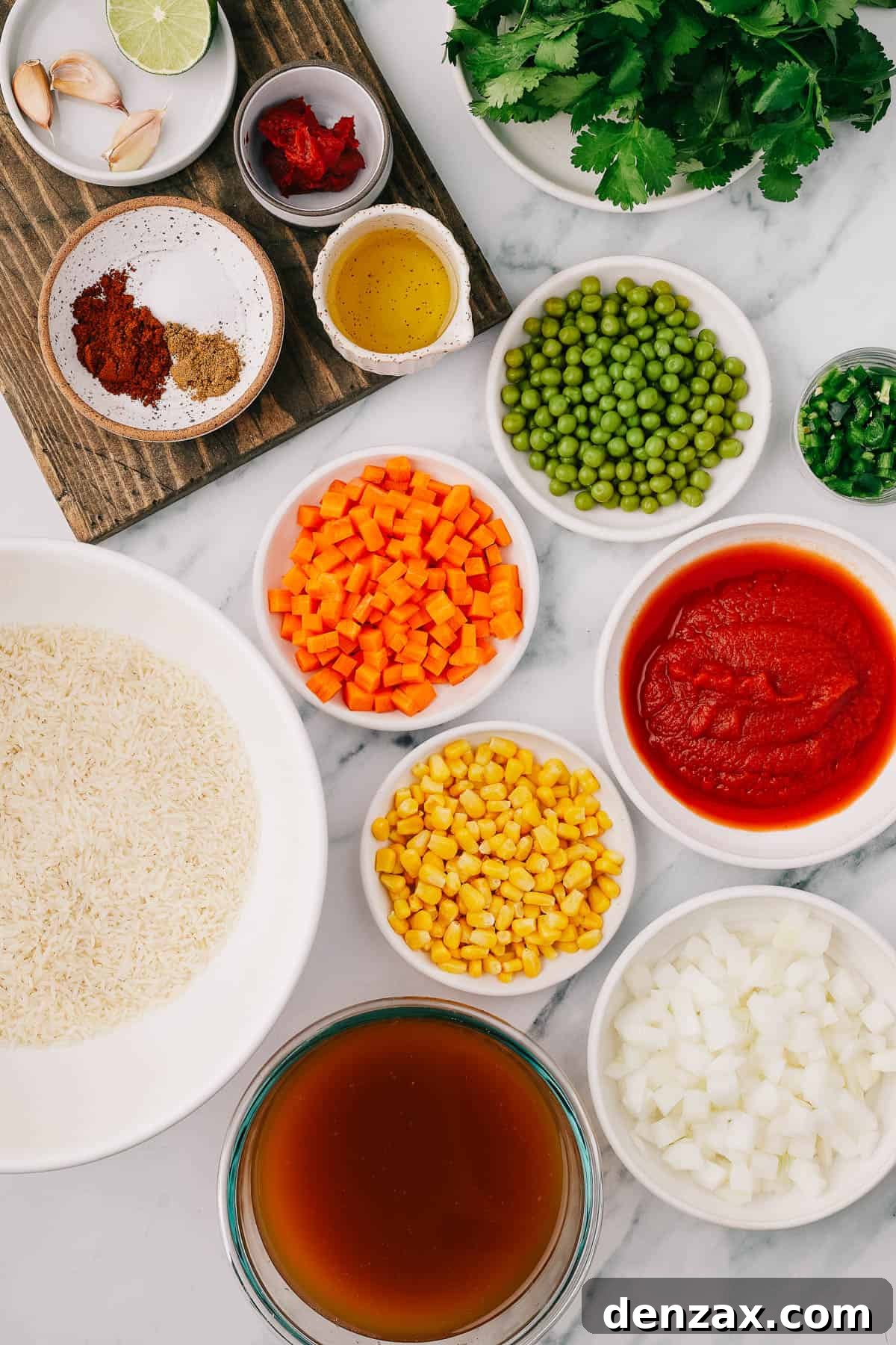 Instant Pot Fiesta Rice 4 From left: garlic, lime, tomato paste, cilantro, chili powder, salt, cumin, oil, peas, jalapeno, rice, carrots, corn, tomato puree, vegetable broth, onion