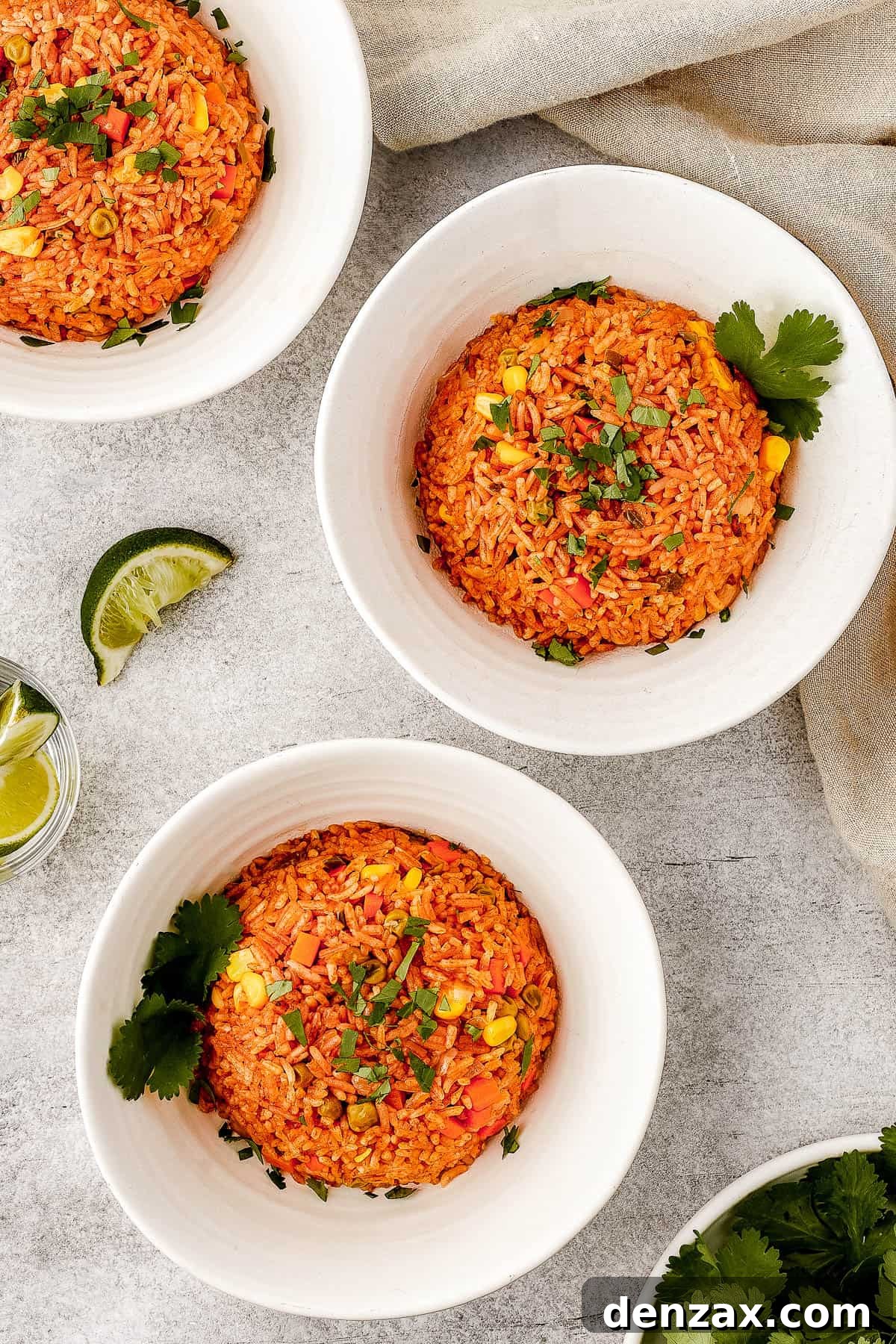 Instant Pot Fiesta Rice 9 A serving of Mexican rice in a white bowl, garnished with cilantro.