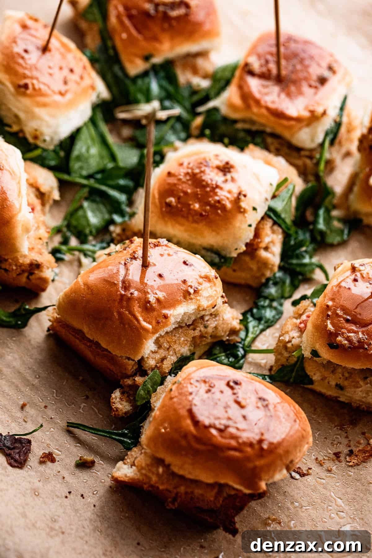 An overhead shot showcasing several Crab Cake Sliders, artfully arranged with cooked baby spinach scattered around them, ready to be enjoyed.