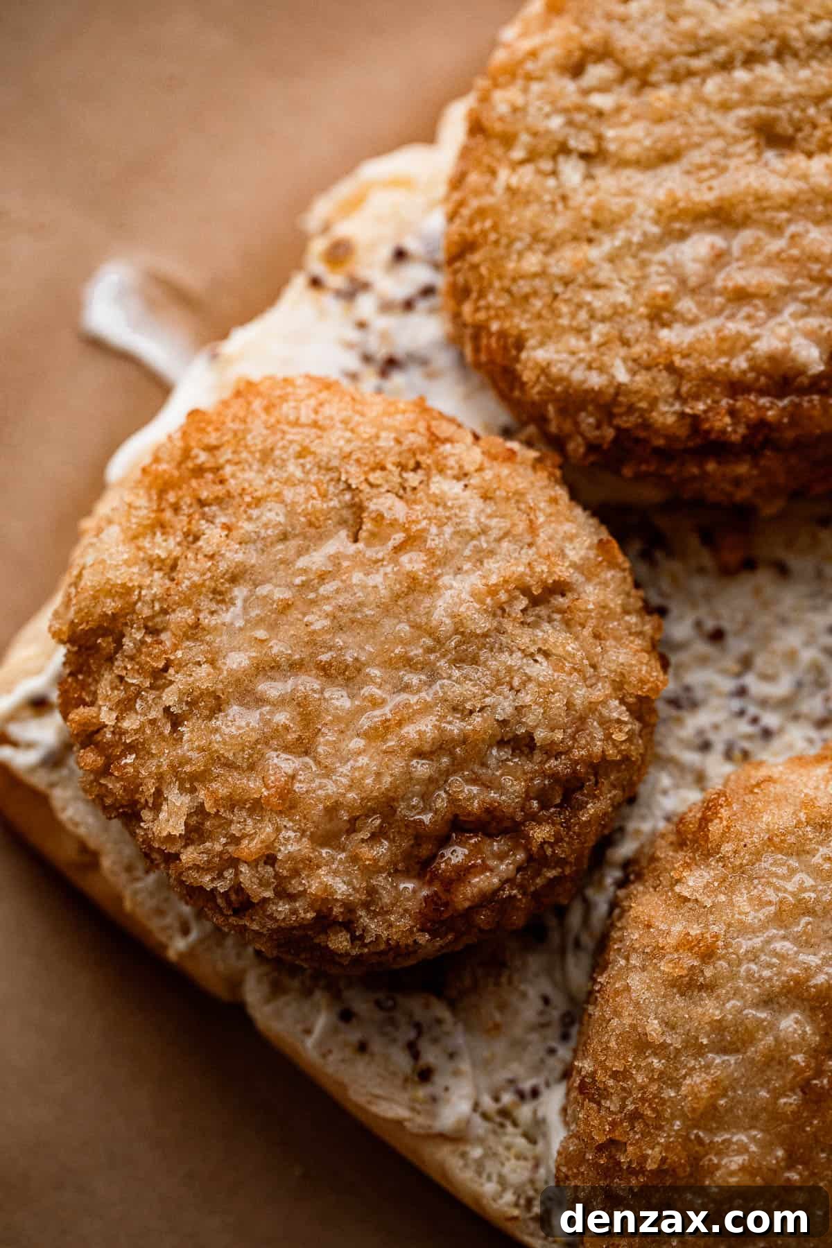 An overhead shot displaying three perfectly formed, uncooked crab cake patties, ready for frying.