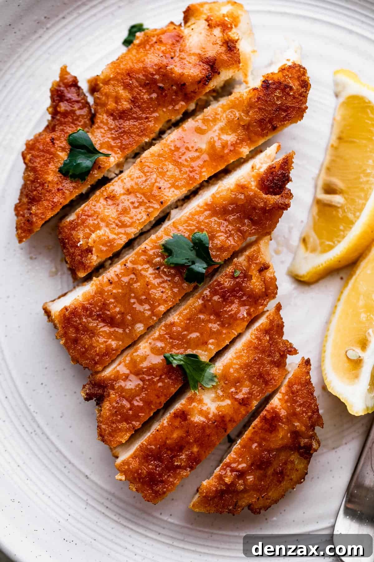 overhead shot of chicken schnitzel cut up into slices with lemon wedges placed to the side of the chicken.