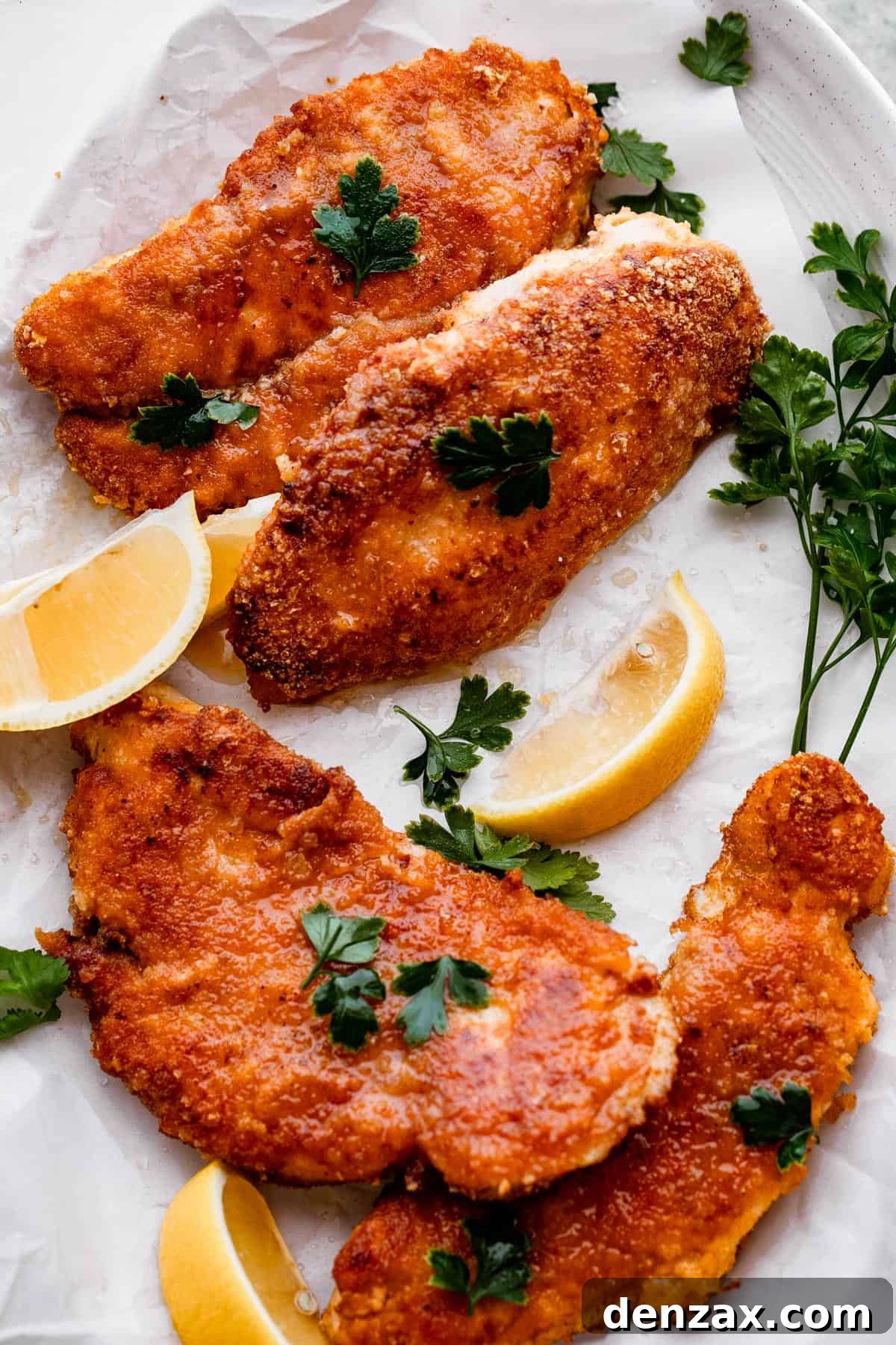 four slices of chicken schnitzel arranged on a white oval plate with lemon wedges set around the chicken and a garnish of parsley arranged over the chicken breast schnitzel.