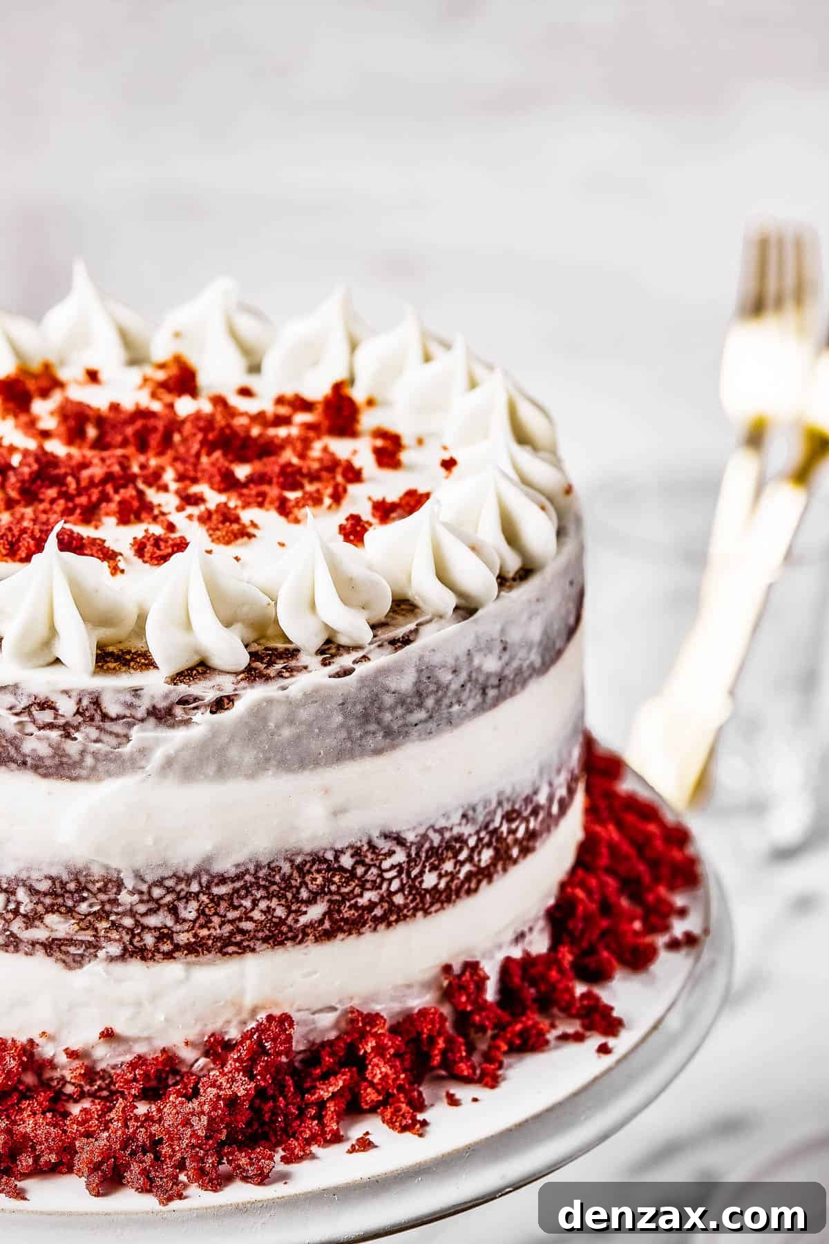 A frosted cake decorated with cake crumbs.