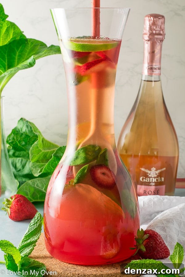Vibrant Rhubarb Rosé Sangria in a pitcher with fresh fruit garnish