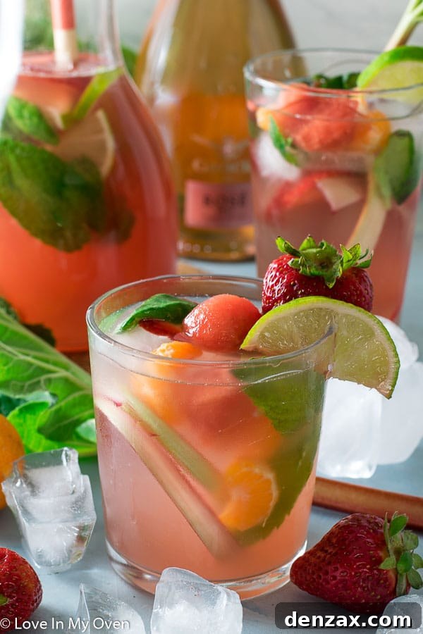 Close-up of Rhubarb Rosé Sangria with lime and strawberry slices