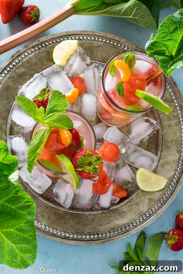 Pitcher and glasses of Rhubarb Rosé Sangria