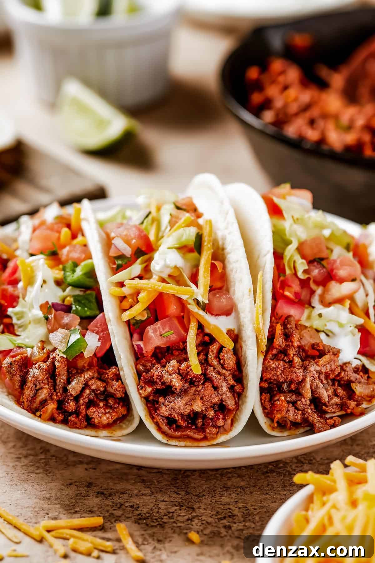 Two perfectly prepared tacos served on a small white plate, ready to be enjoyed as a delicious and satisfying meal.