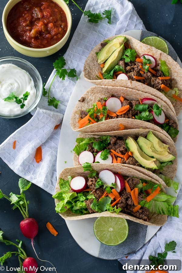 Close-up of shredded beef barbacoa for tacos prepared in an Instant Pot