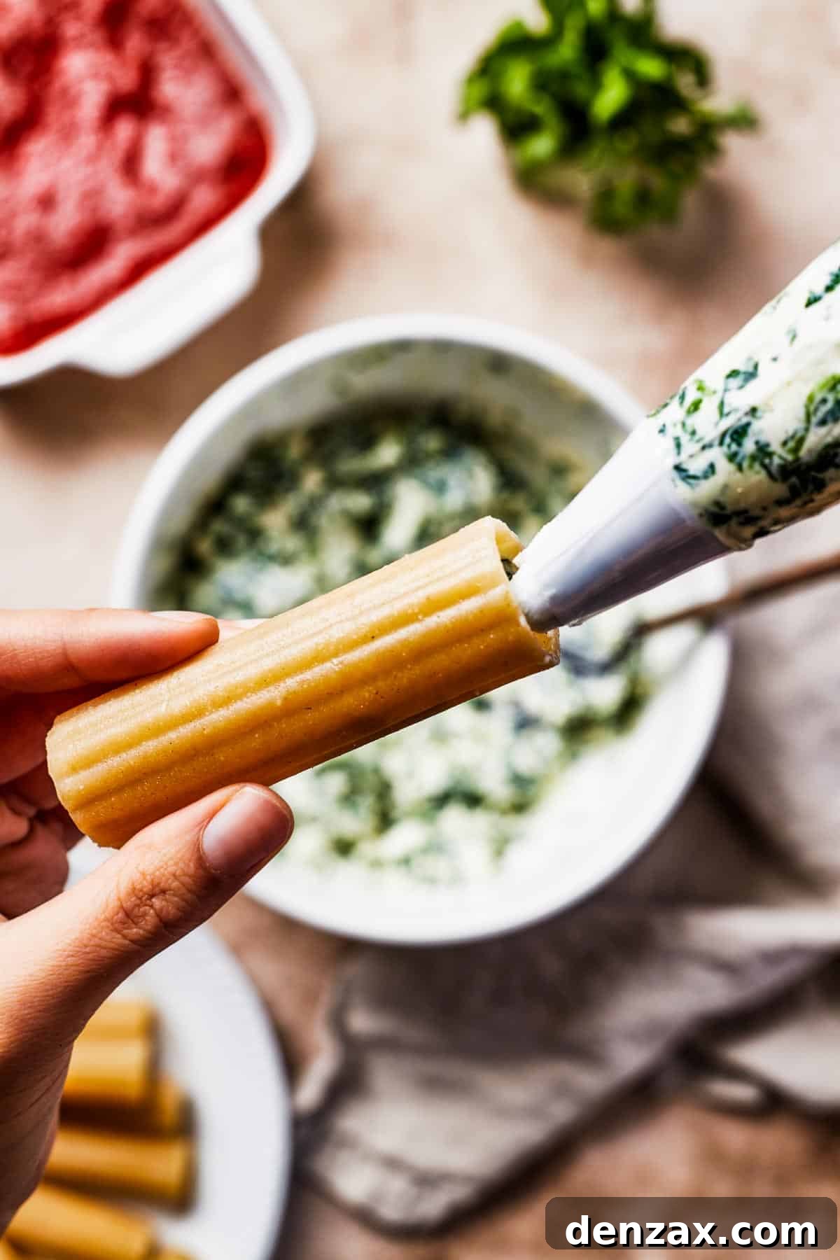 A creamy cheese and spinach filling being expertly piped into a pre-cooked manicotti pasta shell using a pastry bag.