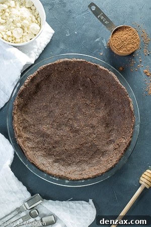 Two close-up images of chocolate nice cream pie preparation. One shows the crust, the other the creamy filling being smoothed.