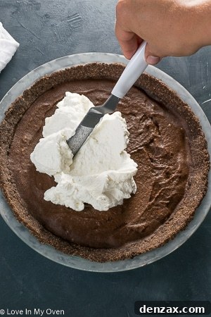 A second close-up image showing the chocolate nice cream filling being smoothed into the pie crust before freezing.