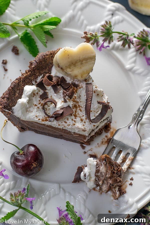 A generous slice of chocolate nice cream pie, topped with whipped cream, on a white plate with a fork.
