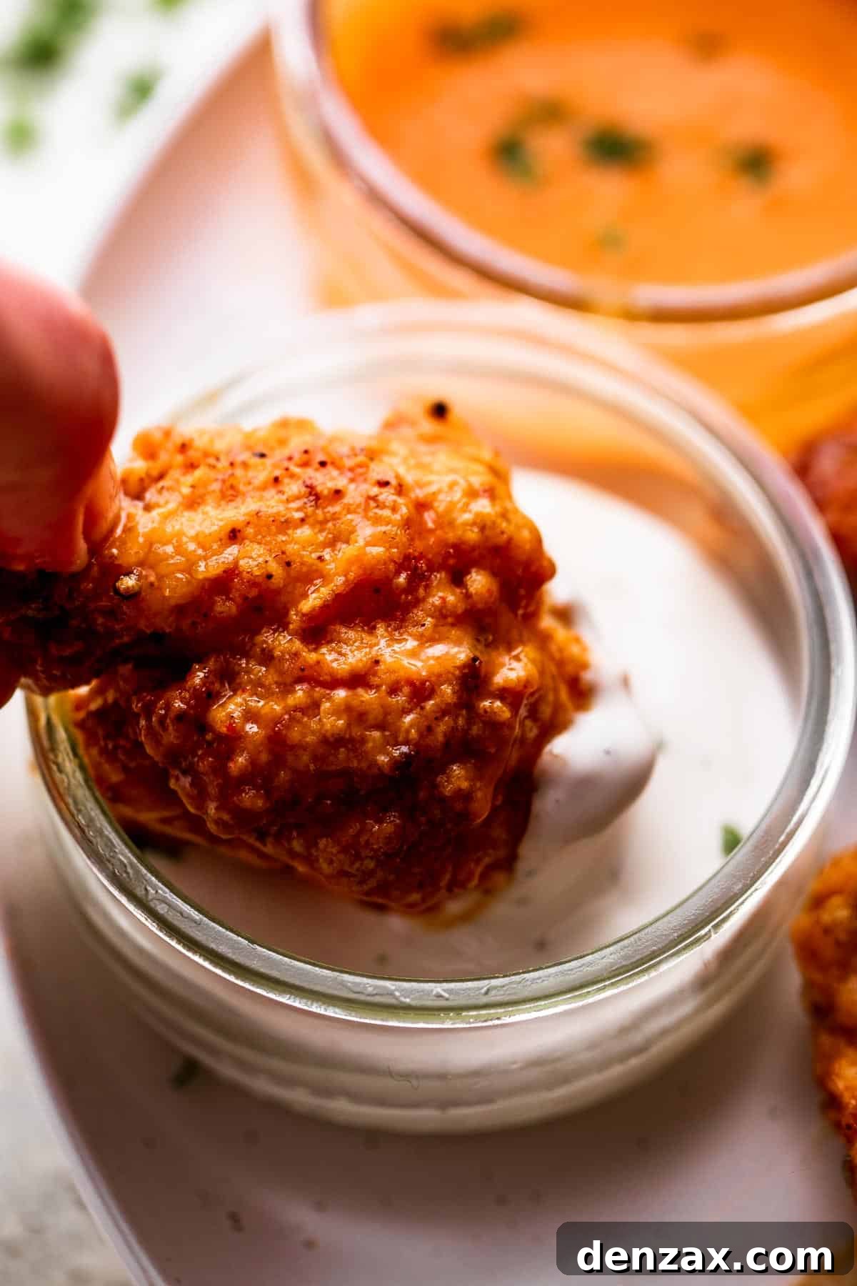 Close-up shot of crispy Mango Habanero Hot Wings, glistening with sauce, artfully arranged on a clean white surface, showcasing their appetizing texture and vibrant color.