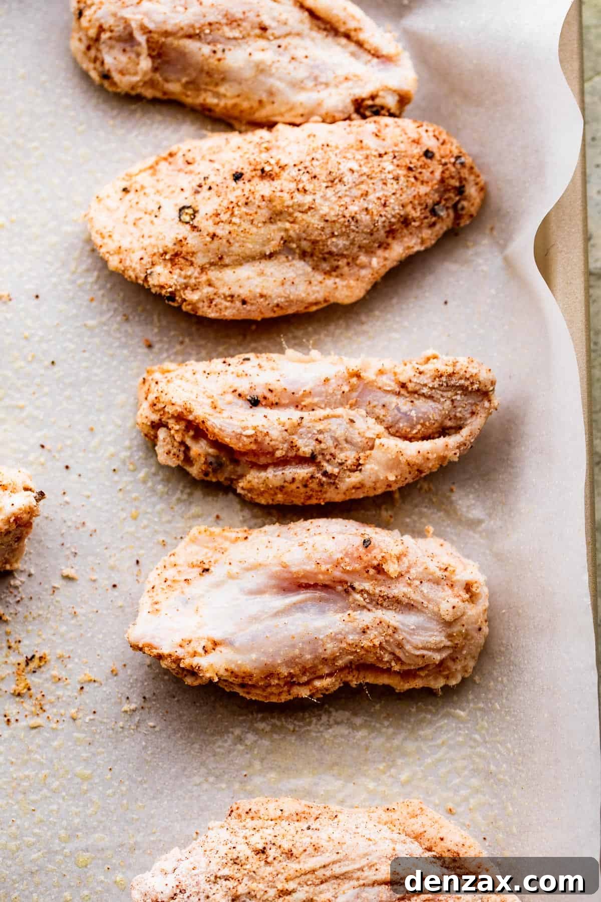 Raw chicken wings seasoned and ready for baking, arranged neatly on a parchment-lined baking sheet.