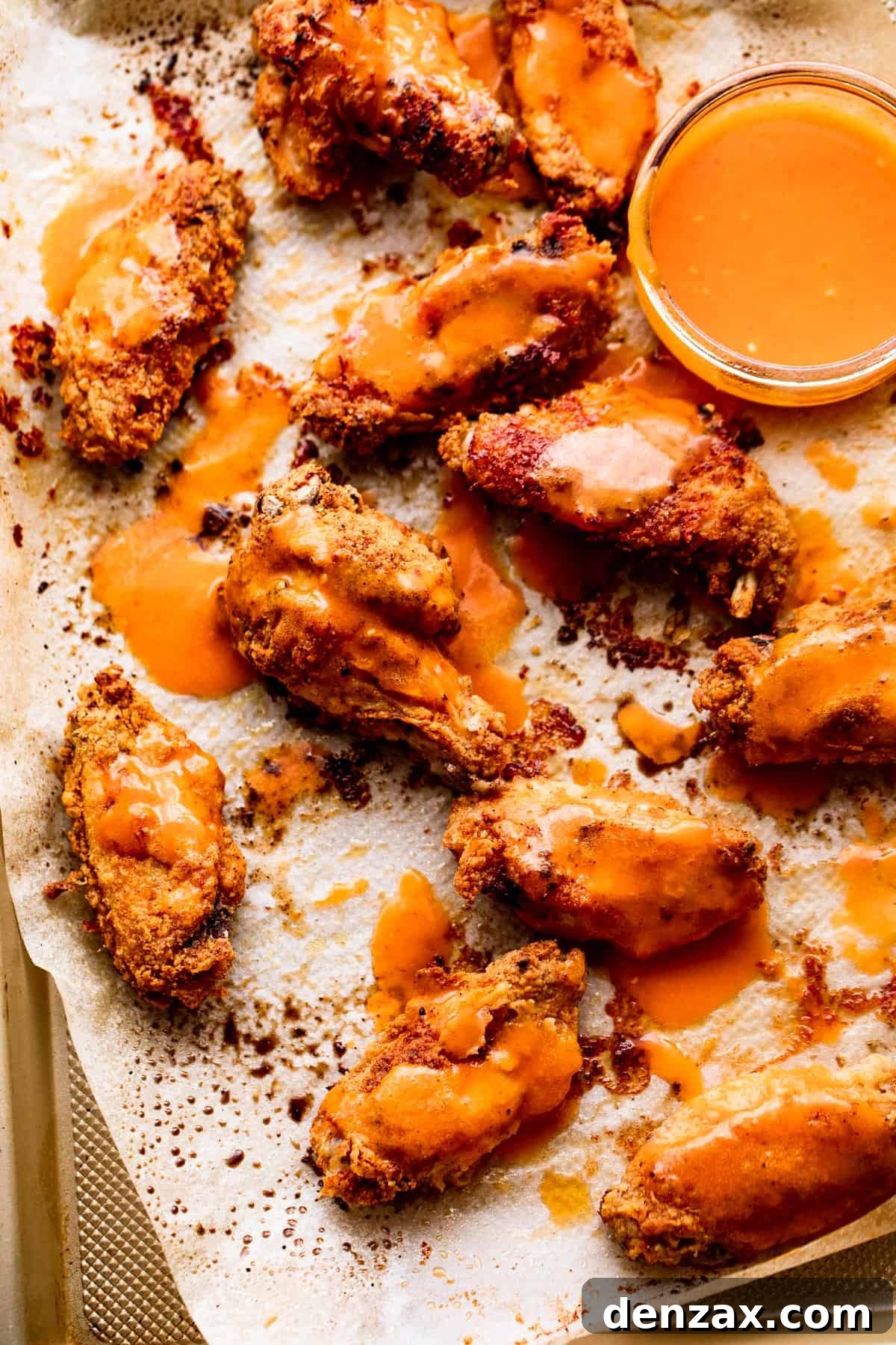 A baking sheet filled with freshly cooked habanero hot wings, with a jar of buffalo dipping sauce placed enticingly beside them, ready for serving.