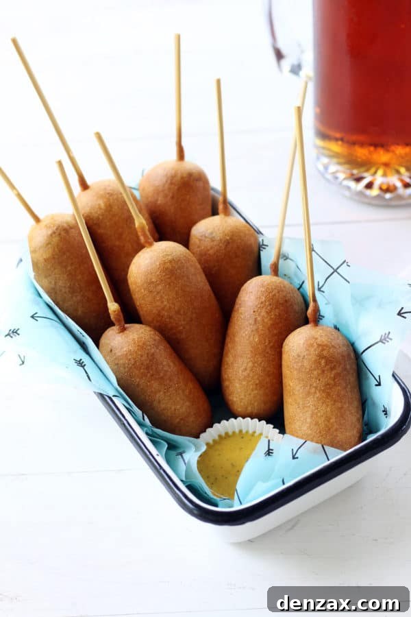 Beer Battered Bratwurst Corn Dogs, fried to a golden crisp.