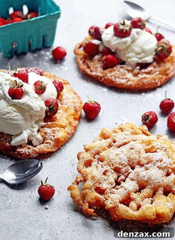 Strawberry Shortcake Funnel Cakes, piled high with fresh berries and whipped cream.