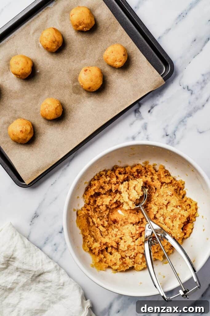 A parchment-lined baking sheet filled with neatly rolled cake dough balls, with a mixing bowl and cookie scoop in the background.