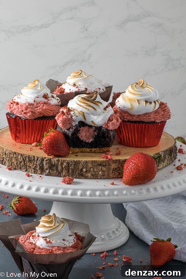 Toasted Marshmallow Strawberry Cupcakes 2 Delicious strawberry s'mores cupcakes with toasted marshmallow meringue