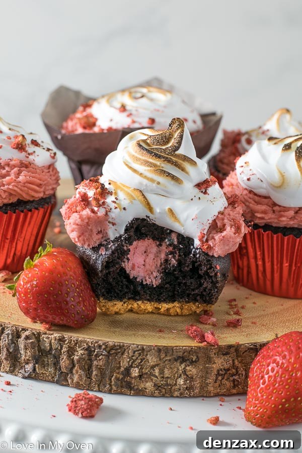 Toasted Marshmallow Strawberry Cupcakes 9 Side view of a complete strawberry s'mores cupcake with a perfect toasted meringue swirl