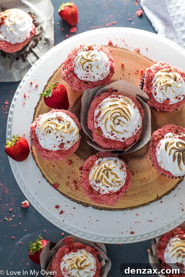 Toasted Marshmallow Strawberry Cupcakes 3 Layers of strawberry s'mores cupcake showing the chocolate cake, strawberry buttercream filling, and toasted meringue