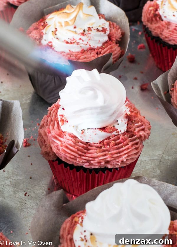 Toasted Marshmallow Strawberry Cupcakes 8 Close-up of a toasted marshmallow meringue on a strawberry s'mores cupcake