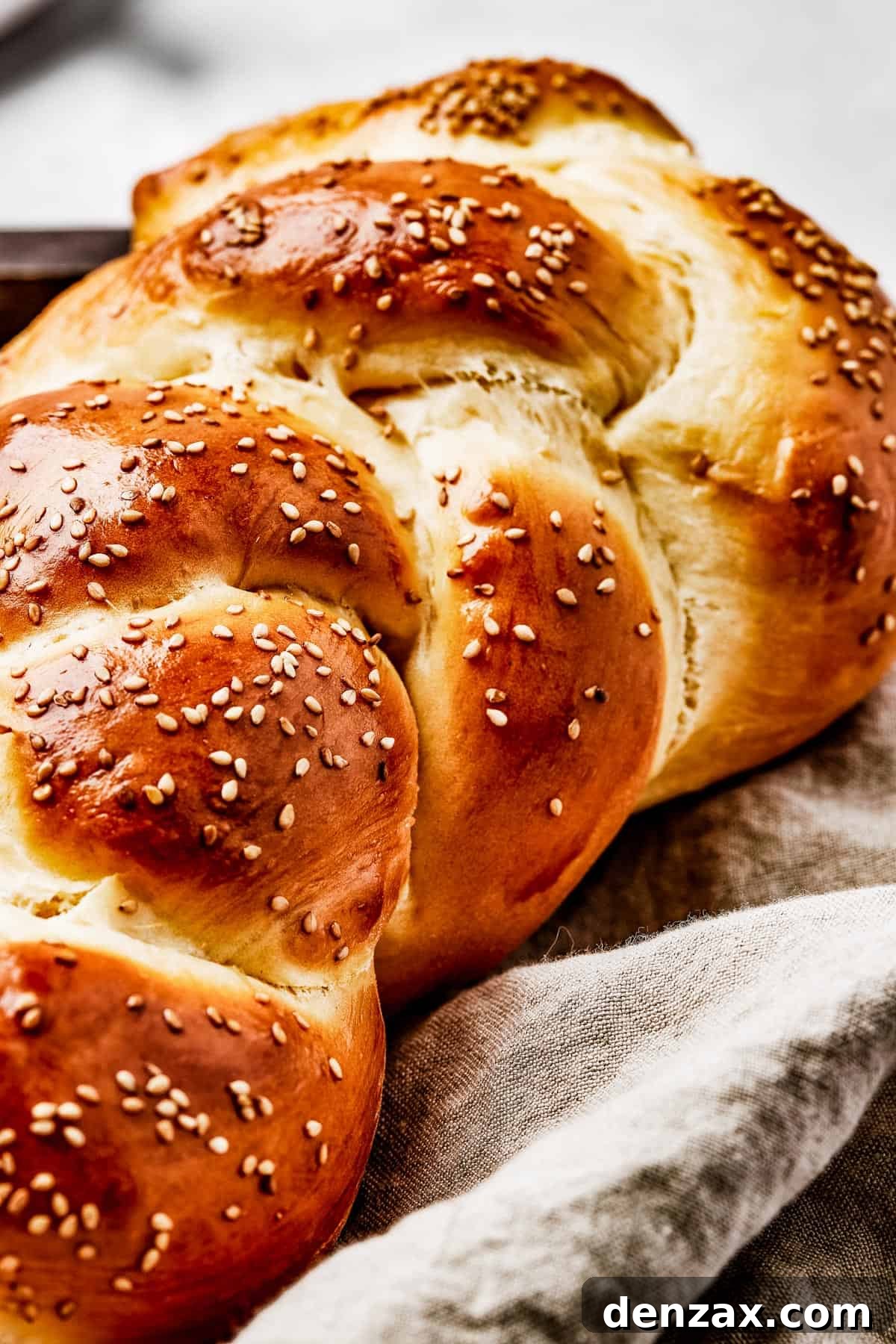 Close-up shot of a challah loaf, to show the texture of the braided sections.