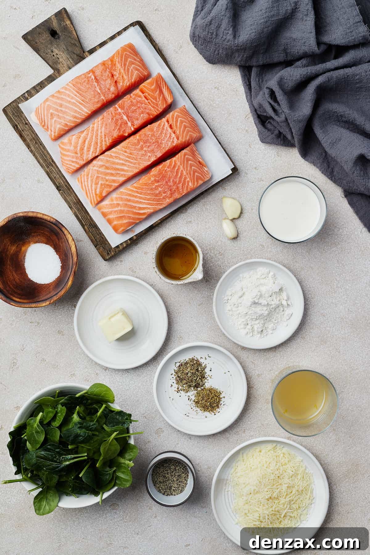 Creamy Florentine Salmon 4 From top left: salmon fillets, garlic, heavy cream, salt, butter, olive oil, flour, dried herbs, chicken broth, spinach, pepper, Parmesan cheese