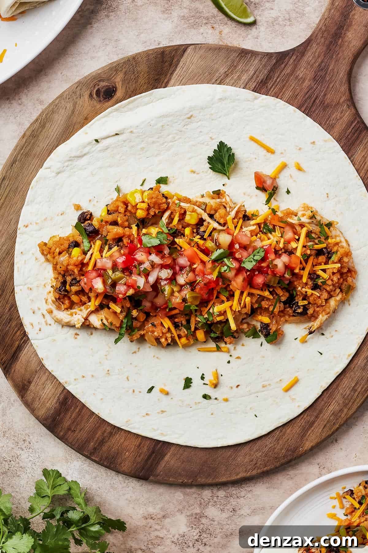 A single flour tortilla gracefully laid on a round wooden cutting board, with a generous, colorful pile of Instant Pot chicken burrito filling expertly placed in its center, ready to be wrapped.