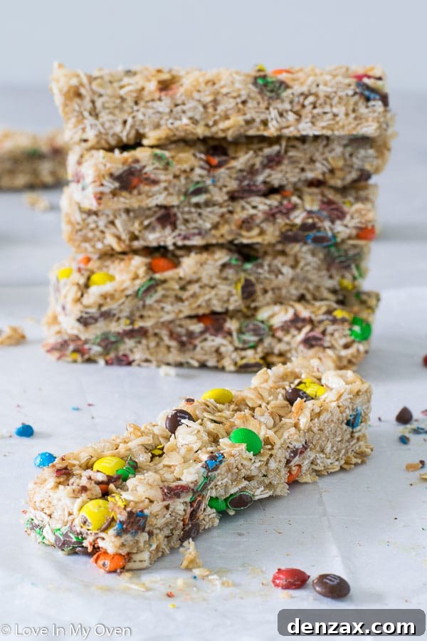 Delicious M&M Granola Bars piled on a plate, ready for a snack