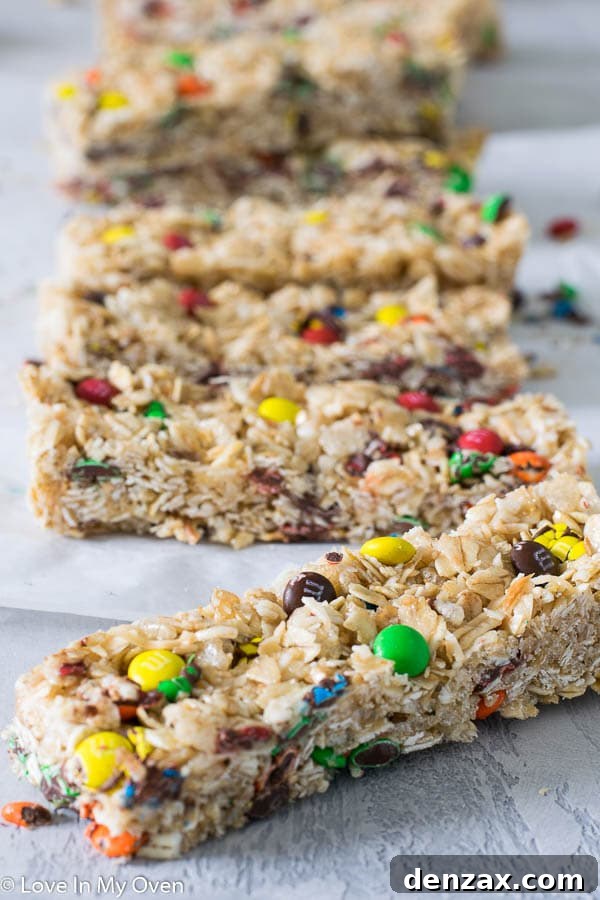 Multiple M&M Granola Bars arranged artfully, emphasizing their deliciousness