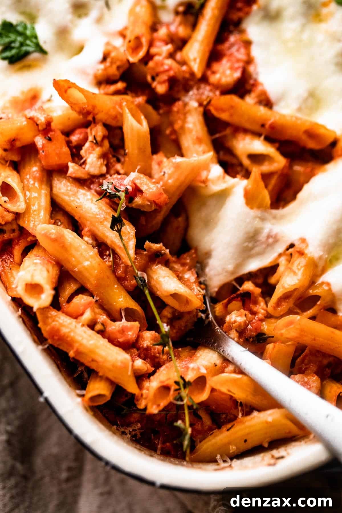 spooning out baked penne pasta from baking dish.