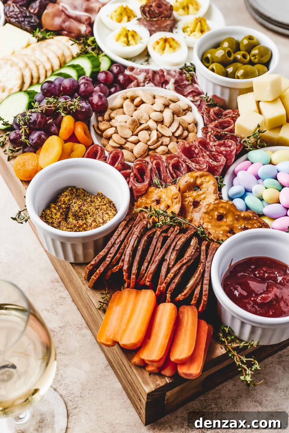 Close-up shot of a cutting board arranged with marcona almonds, red grapes, dried apricots, baby carrots, fig crackers, and more, highlighting the fresh and vibrant spring theme.