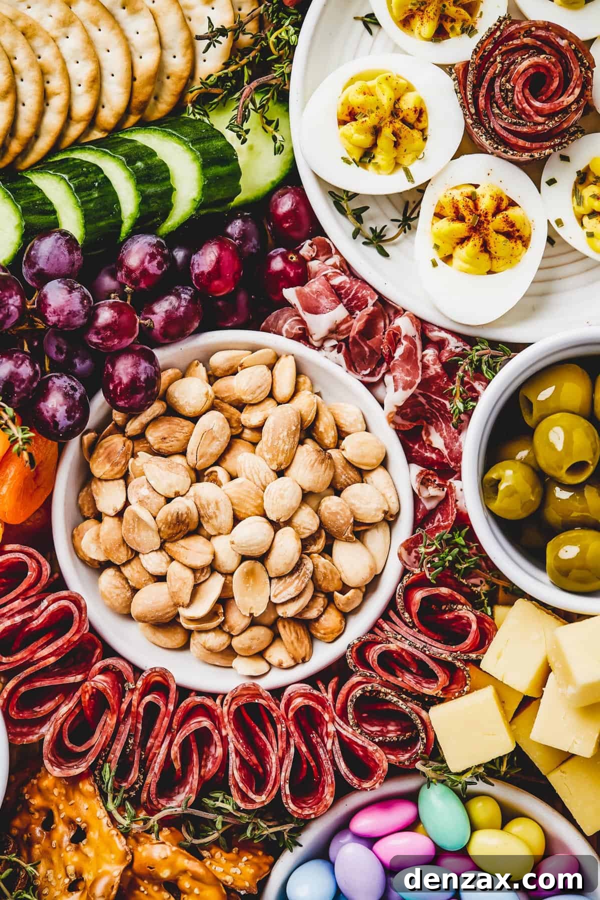 Close-up shot of marcona almonds in a dish, surrounded by folded salami, dried apricots, red grapes, olives, and more, highlighting the rich variety and beautiful arrangement.