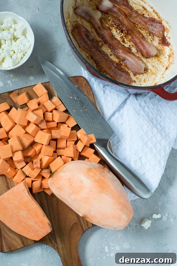 Sweet Potatoes, Bacon, Maple Syrup, and Goat Cheese Ready for Roasting