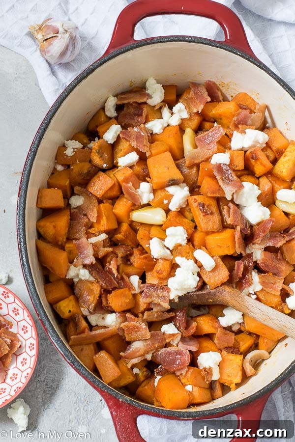Finished plate of Roasted Sweet Potatoes with Bacon and Goat Cheese
