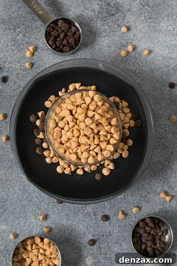 Closeup of butterscotch chips, a key ingredient for the unique flavor and texture of the brownies.