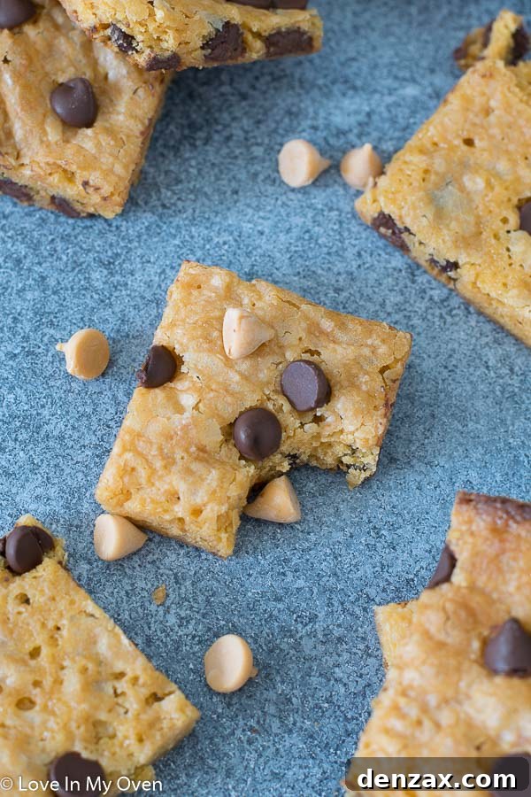 Stacked butterscotch brownies, showing their rich texture and chocolate chip swirls.