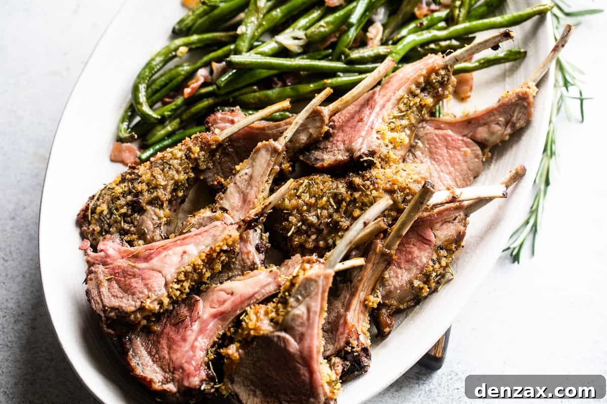 up close side shot of breadcrumb coated lamb chops arranged on a serving platter with a side of green beans placed above the chops.