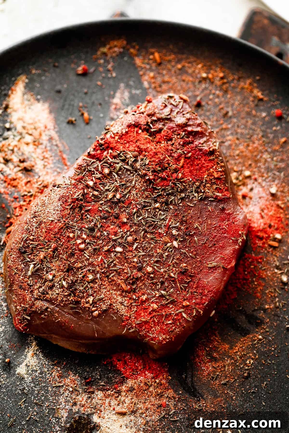 Enjoy a flavorful meal with this easy recipe for Blackened Balsamic Tuna Steaks, featuring a perfect blend of spicy Cajun spices and sweet balsamic vinaigrette. Raw tuna steaks generously seasoned with a dry Cajun rub, ready for searing.