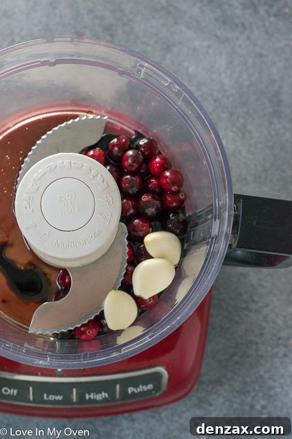 Fresh cranberries, olive oil, balsamic vinegar, maple syrup, and garlic cloves blended into a marinade.