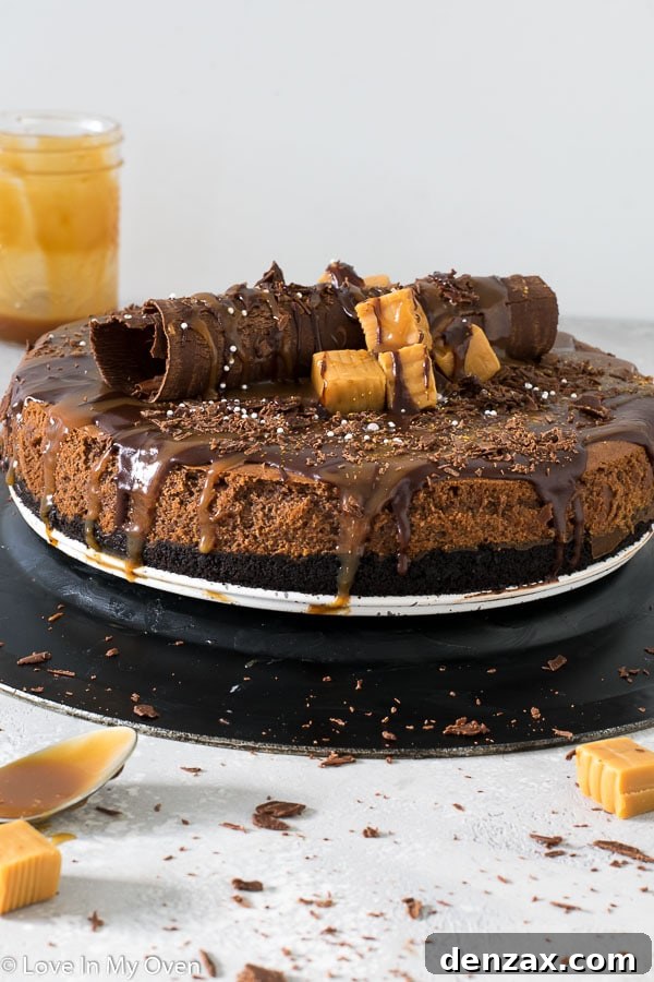 chocolate caramel cheesecake, rich dessert for holidays, homemade cheesecake recipe