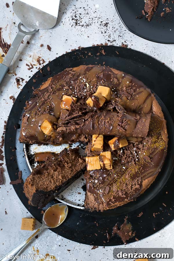 chocolate caramel cheesecake with chocolate curls